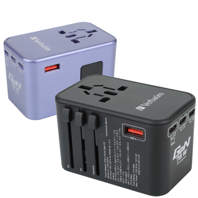 Verbatim 5 端口 75W PD 3.0 & QC 3.0 GaN 通用旅行轉插 (66919 黑色/66920 紫色)【香港行貨】