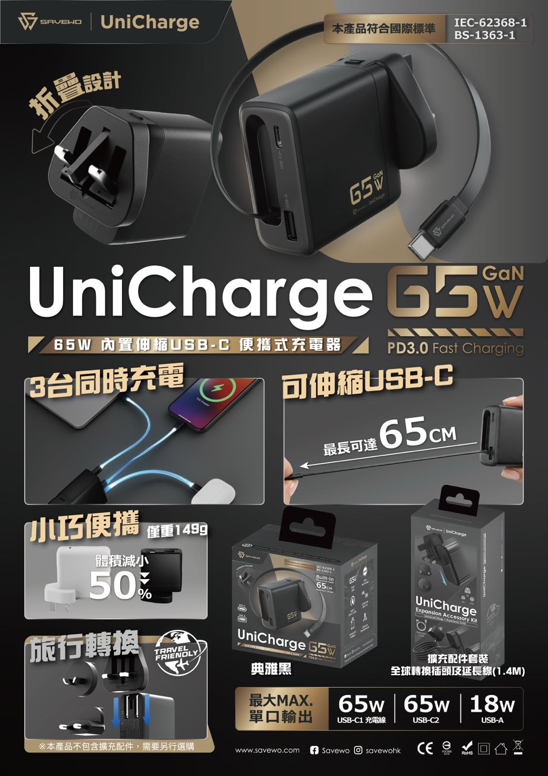 SAVEWO UniCharge UC65 65W 內置伸縮USB-C便攜式充電器【原裝行貨】