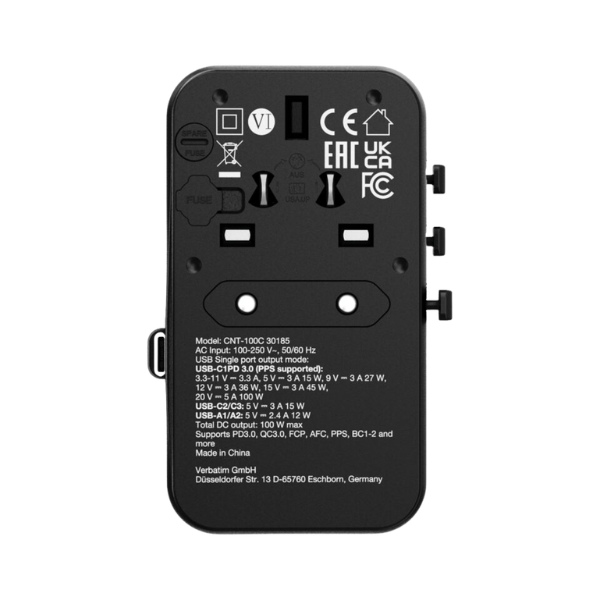 Verbatim Charge 'n' Travel 100W 通用旅行轉插 (附USB-C可伸縮充電線) 30185【原裝行貨】
