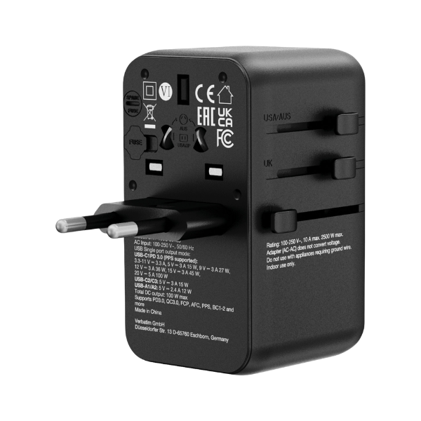 Verbatim Charge 'n' Travel 100W 通用旅行轉插 (附USB-C可伸縮充電線) 30185【原裝行貨】