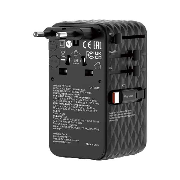 Verbatim Charge 'n' Travel Diamond 70W 通用旅行轉插(附雙USB-C可伸縮充電線) 30186【原裝行貨】