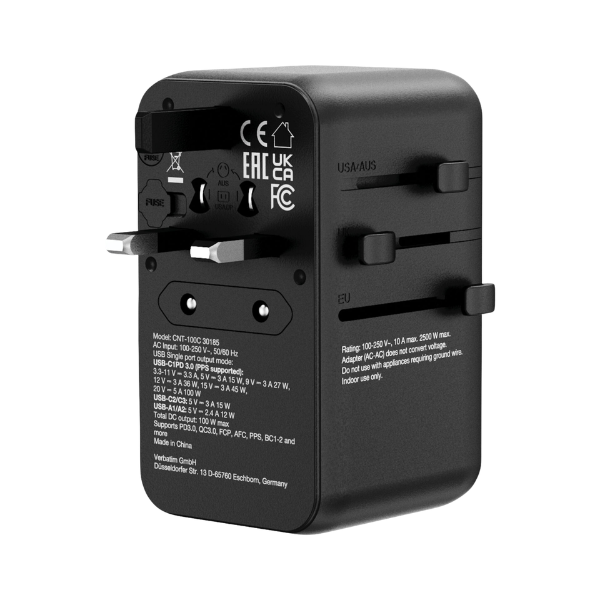 Verbatim Charge 'n' Travel 100W 通用旅行轉插 (附USB-C可伸縮充電線) 30185【原裝行貨】