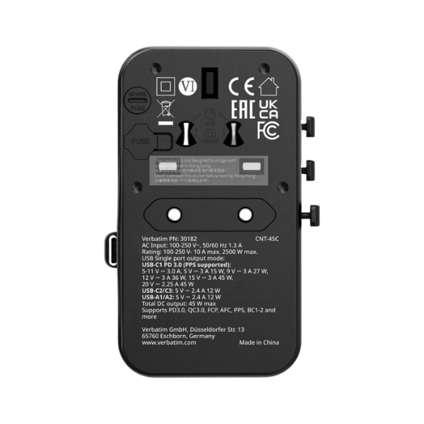Verbatim Charge 'n' Travel 45W 通用旅行轉插 (附USB-C可伸縮充電線) 30182【原裝行貨】