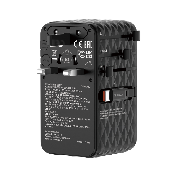 Verbatim Charge 'n' Travel Diamond 70W 通用旅行轉插(附雙USB-C可伸縮充電線) 30186【原裝行貨】