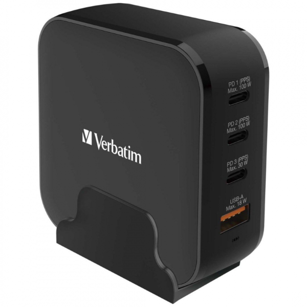 Verbatim 4端口150W PD & QC 3.0 GaN充電器 (附AC電源線+直立底座) 66910【香港行貨】