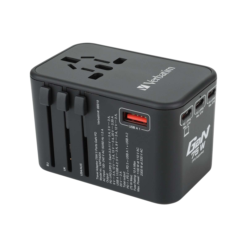 Verbatim 5 端口 75W PD 3.0 & QC 3.0 GaN 通用旅行轉插 (66919 黑色/66920 紫色)【香港行貨】