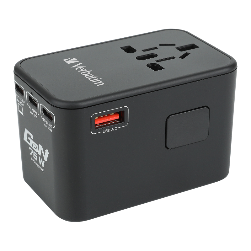 Verbatim 5 端口 75W PD 3.0 & QC 3.0 GaN 通用旅行轉插 (66919 黑色/66920 紫色)【香港行貨】
