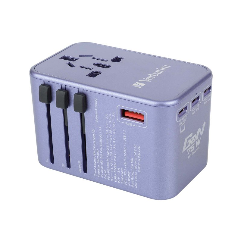 Verbatim 5 端口 75W PD 3.0 & QC 3.0 GaN 通用旅行轉插 (66919 黑色/66920 紫色)【香港行貨】