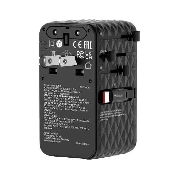 Verbatim Charge 'n' Travel Diamond 70W 通用旅行轉插(附雙USB-C可伸縮充電線) 30186【原裝行貨】