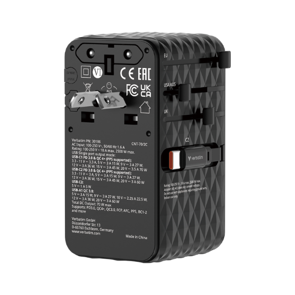 Verbatim Charge 'n' Travel Diamond 70W 通用旅行轉插(附雙USB-C可伸縮充電線) 30186【原裝行貨】