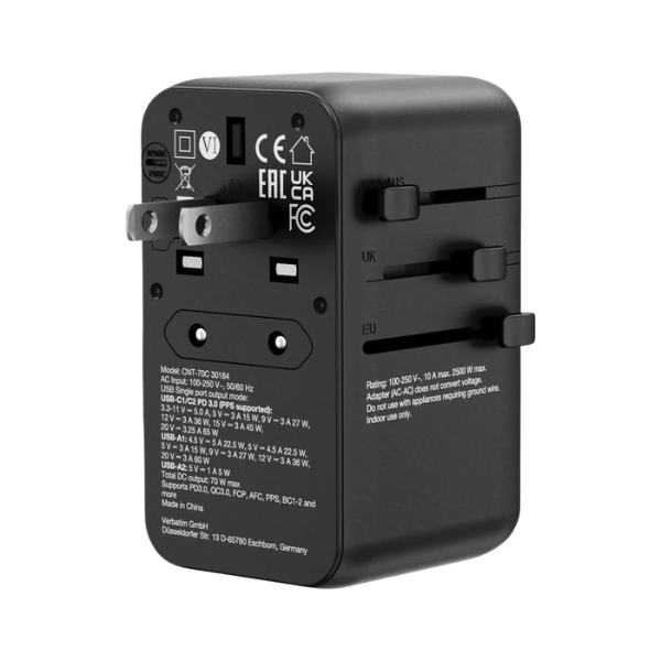 Verbatim Charge 'n' Travel 70W 通用旅行轉插 (附USB-C可伸縮充電線) 30184【原裝行貨】