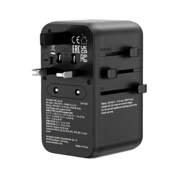 Verbatim Charge 'n' Travel 45W 通用旅行轉插 (附USB-C可伸縮充電線) 30182【原裝行貨】