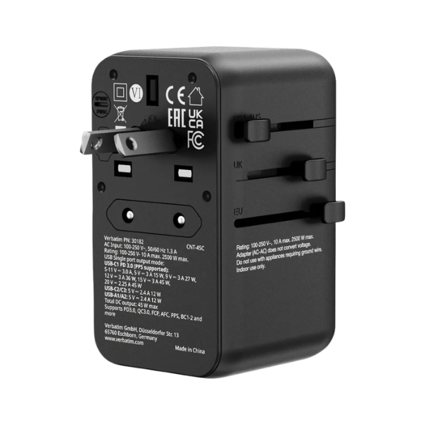 Verbatim Charge 'n' Travel 45W 通用旅行轉插 (附USB-C可伸縮充電線) 30182【原裝行貨】
