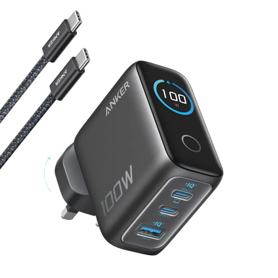 Anker Charger (100W, 3 Ports, Smart Display) 3輸出牆插充電器連 USB-C 充電線 B121B【原裝行貨】