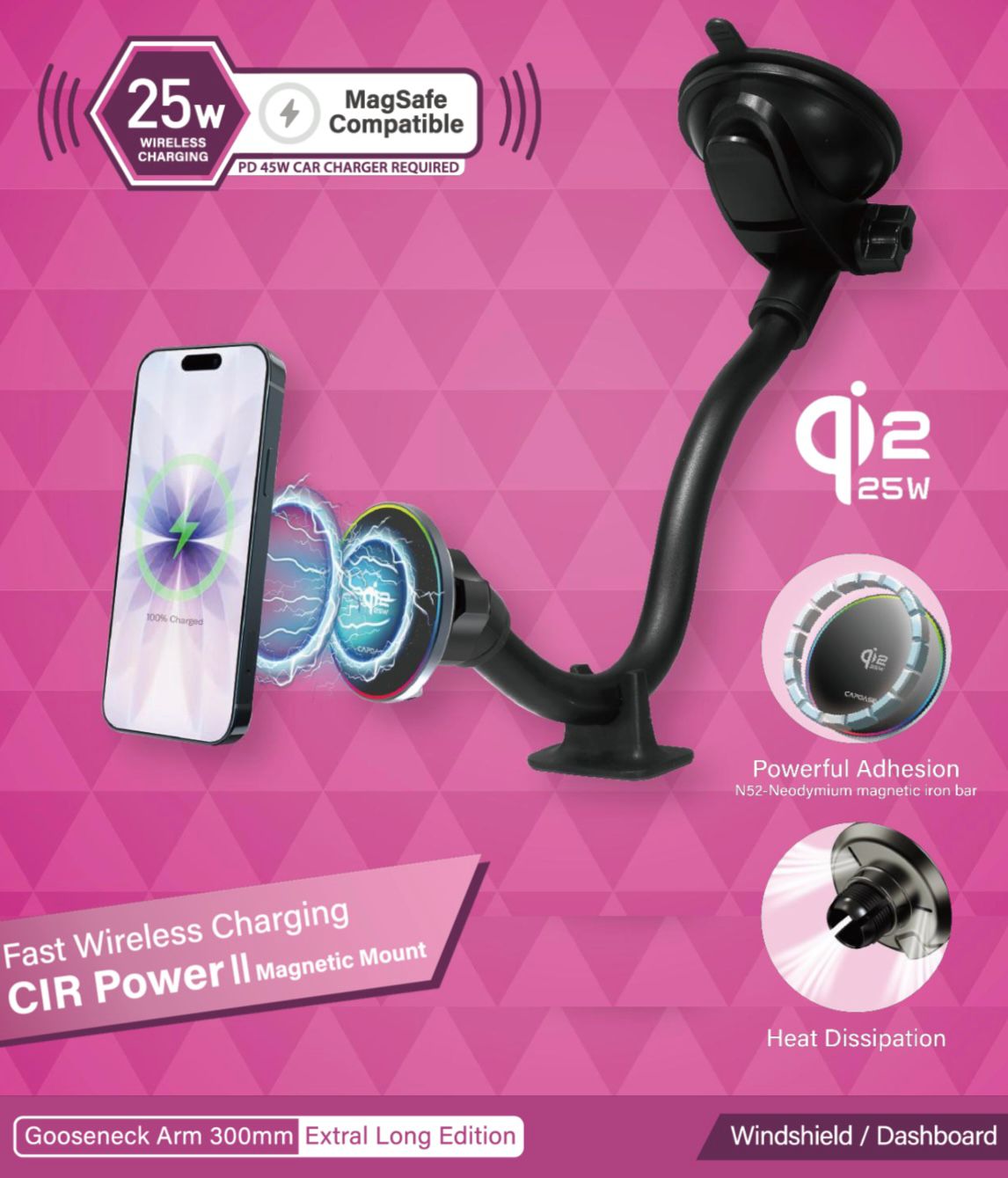 Capdase Qi2 25W 30cm 曲長臂車座 HR-CIR2G01-300【原裝行貨】