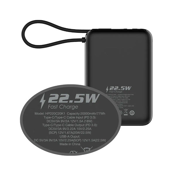 Hedonic PD 3.0 USB-C Cable 流動充電池 20000mAh (黑色/白色)【原裝行貨】