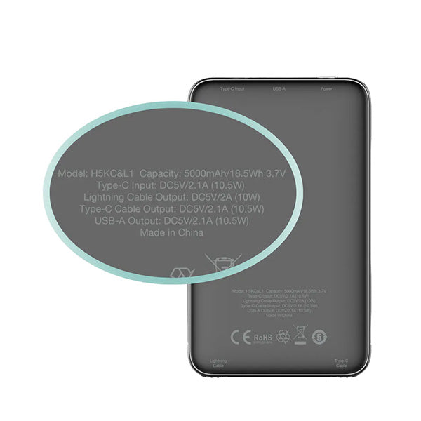 Hedonic 5000mAh (18.5 Wh) 輕巧充電池 連Lightning & USB-C 嵌入式充電線 (黑色/白色)【原裝行貨】