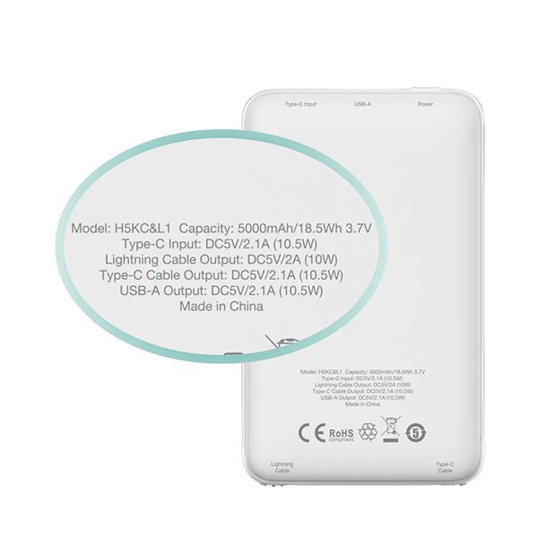 Hedonic 5000mAh (18.5 Wh) 輕巧充電池 連Lightning & USB-C 嵌入式充電線 (黑色/白色)【原裝行貨】