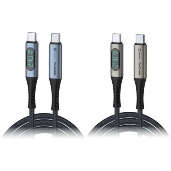 SAVEWO ProCable USB-C LED 功率顯示USB4 Thunderbolt 4 極速充電傳輸線 1M(鈦/藍)【原裝行貨】