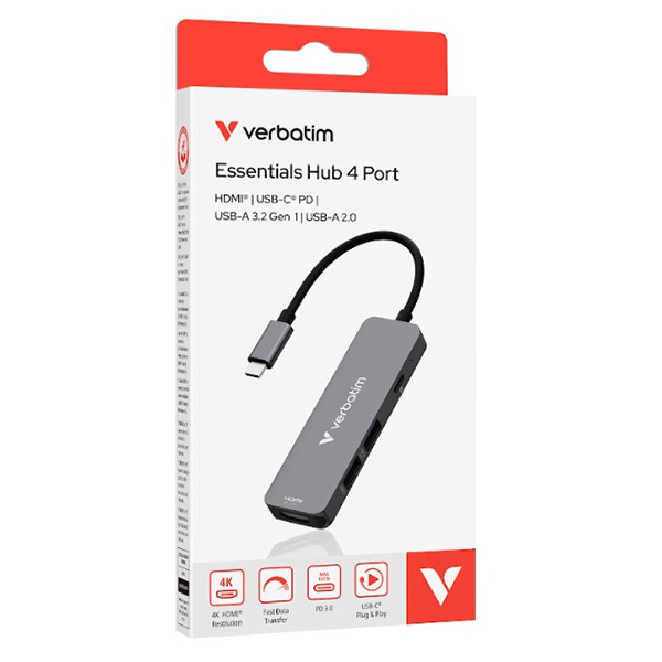 VERBATIM 32155 Type C Hub 4-in-1 電腦擴展器 (HDMI 4K/30Hz, USB 3.0x1, USB 2.0 x1, PD 100W)【原裝行貨】
