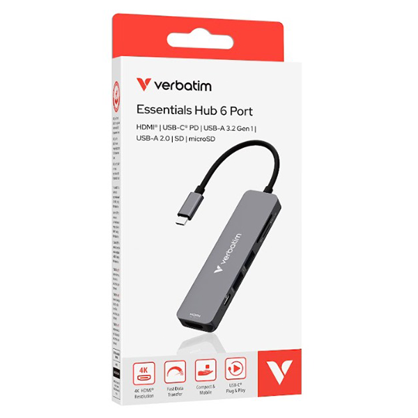 VERBATIM 32156 Type C Hub 6-in-1 電腦擴展器 (HDMI 4K/30Hz, USB 3.0x1, USB 2.0 X1, SD, microSD, PD100W)【原裝行貨】