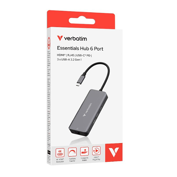 VERBATIM 32157 Type C Hub 6-in-1 電腦擴展器 (HDMI 4K/30Hz, USB 3.0x3, RJ45 1000Mbps, PD100W)【原裝行貨】