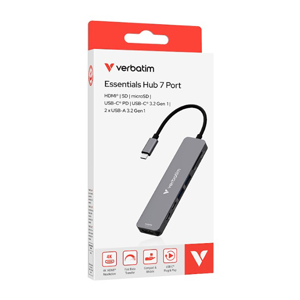 VERBATIM 32158 Type C Hub 7-in-1 電腦擴展器 (Port: HDMI 4K/30Hz, USB 3.0x2, SD, microSD,USB-C USB 3.2 Gen1 Data, PD100)【原裝行貨】