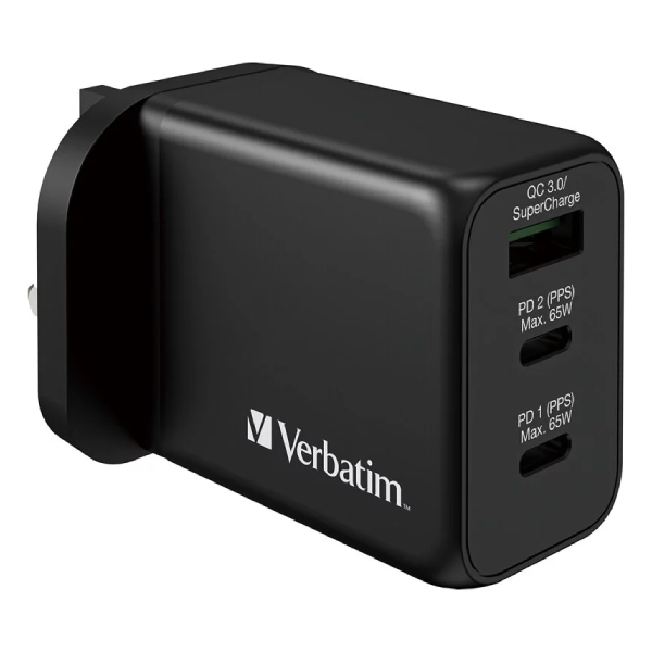 Verbatim 3 Port 65W PD 3.0 & QC 3.0 GaN 充電器 (66716)【原裝行貨】