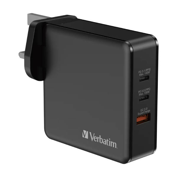 Verbatim 3 Port 140W PD 3.1 & QC 3.0 GaN充電器 (66818)【原裝行貨】