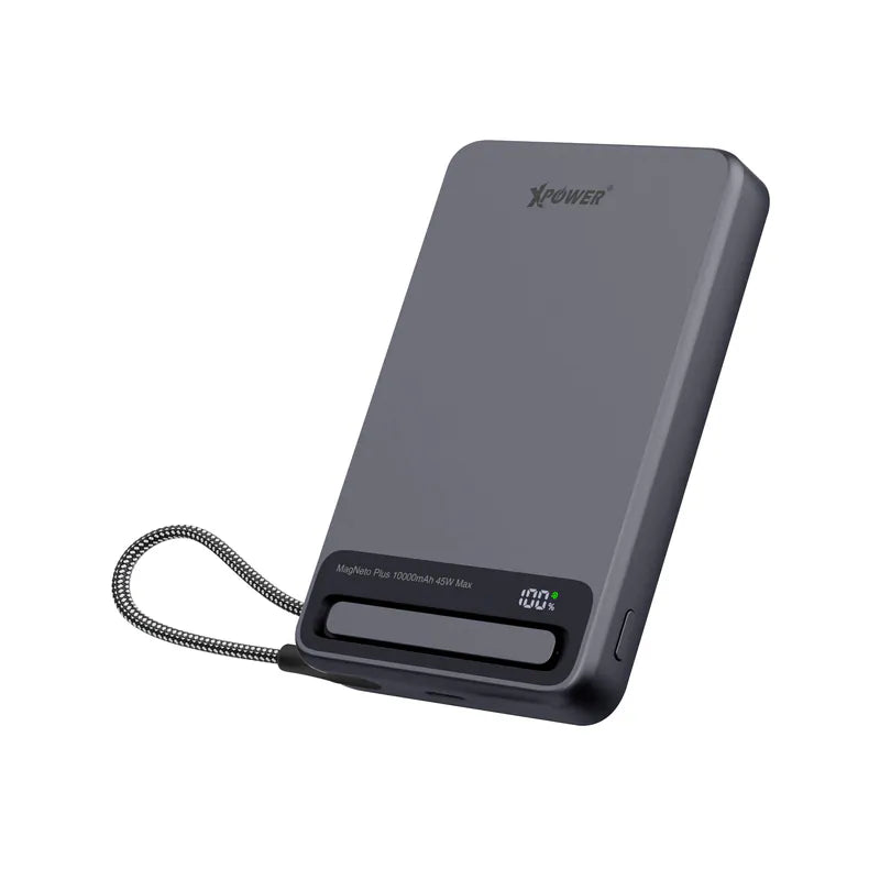 XPower MagNetoPlus Q10 Pro 5A鋁合金10000mAh 45W PD3.0支架及數顯QI2磁吸移動電源內置45W Type-C充電線【原裝行貨】【3C認證】