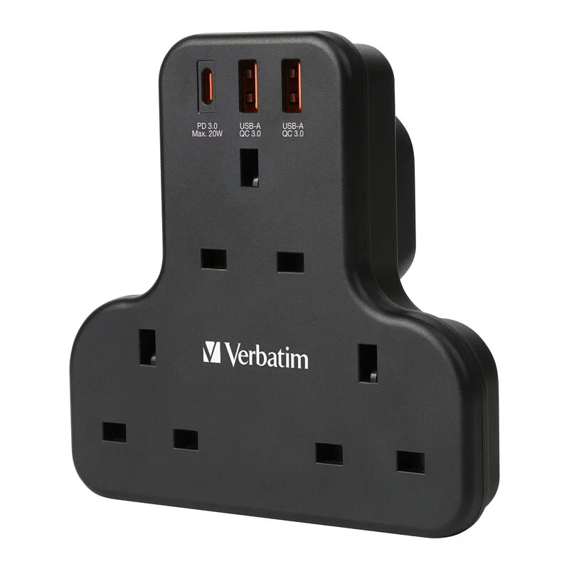 Verbatim 3 Socket PD & QC 3.0 Flat Wall Outlet Extender T型擴充電源插座【香港行貨】