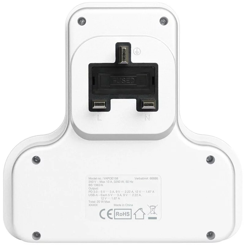 Verbatim 3 Socket PD & QC 3.0 Flat Wall Outlet Extender T型擴充電源插座【香港行貨】