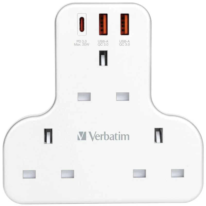 Verbatim 3 Socket PD & QC 3.0 Flat Wall Outlet Extender T型擴充電源插座【香港行貨】