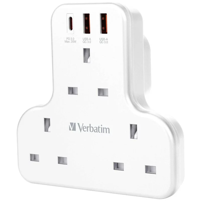 Verbatim 3 Socket PD & QC 3.0 Flat Wall Outlet Extender T型擴充電源插座【香港行貨】