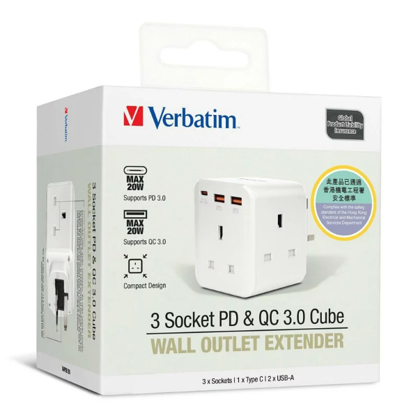 Verbatim 3 Socket PD & QC 3.0 Wall Outlet Extender 擴充萬能插蘇(66887,66849,66850)【香港行貨】
