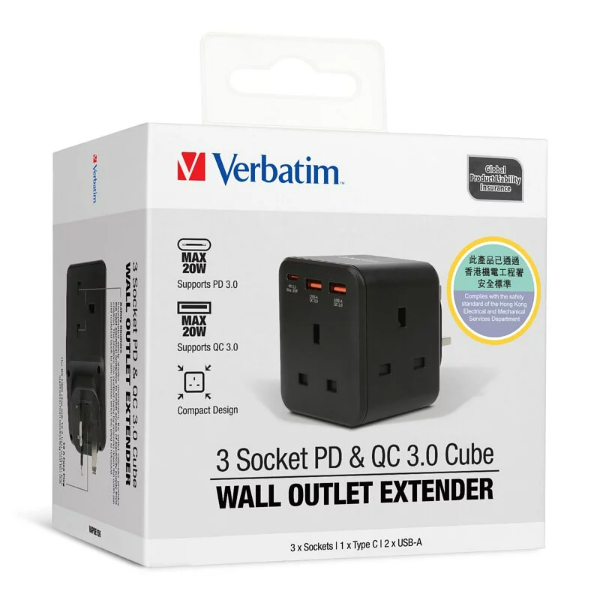 Verbatim 3 Socket PD & QC 3.0 Wall Outlet Extender 擴充萬能插蘇(66887,66849,66850)【香港行貨】