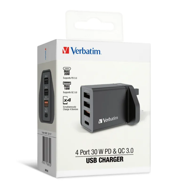 Verbatim 4 Ports 30W PD & QC 3.0 USB 充電器 66892 / 66897【香港行貨】