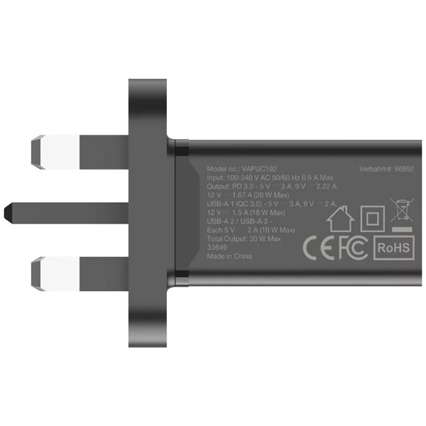Verbatim 4 Ports 30W PD & QC 3.0 USB 充電器 66892 / 66897【香港行貨】