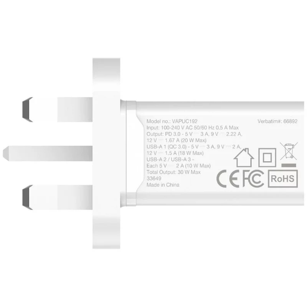 Verbatim 4 Ports 30W PD & QC 3.0 USB 充電器 66892 / 66897【香港行貨】