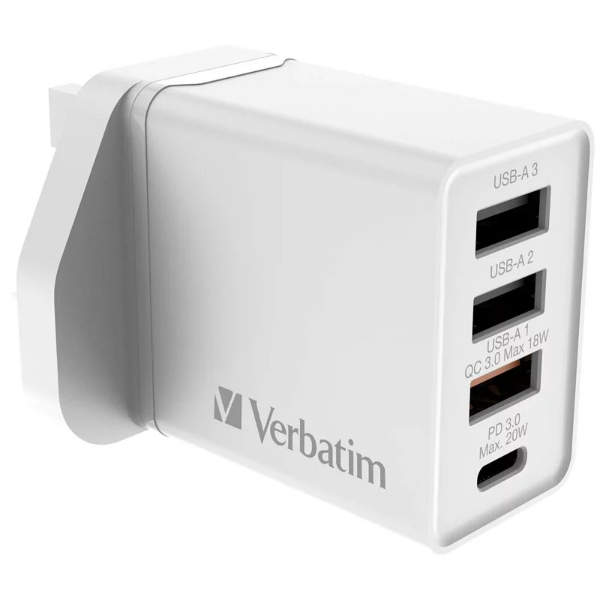 Verbatim 4 Ports 30W PD & QC 3.0 USB 充電器 66892 / 66897【香港行貨】