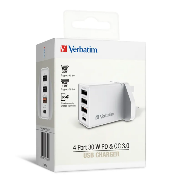 Verbatim 4 Ports 30W PD & QC 3.0 USB 充電器 66892 / 66897【香港行貨】