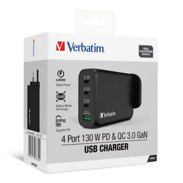 Verbatim 4 Port 130W PD 3.0 & QC 3.0 GaN USB充電器(66634)【香港行貨】