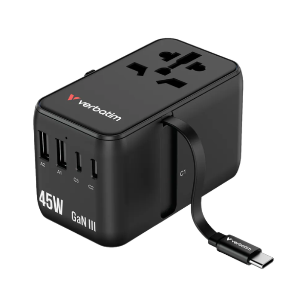 Verbatim Charge 'n' Travel 45W 通用旅行轉插 (附USB-C可伸縮充電線) 30182【原裝行貨】