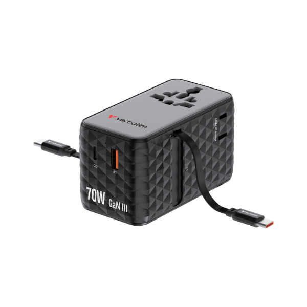 Verbatim Charge 'n' Travel Diamond 70W 通用旅行轉插(附雙USB-C可伸縮充電線) 30186【原裝行貨】