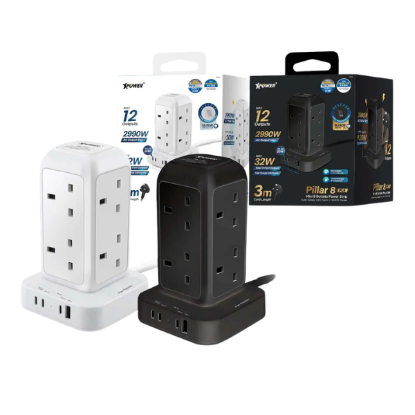 XPower Pillar 8 PL8 迷你直立式12輸出拖板 3米線長 8個插頭 PD 3.0輸出拖板【原裝行貨】
