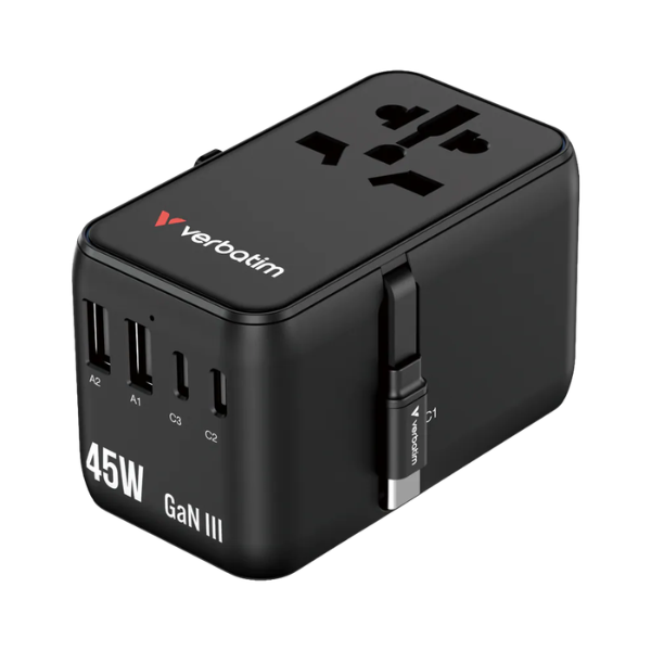 Verbatim Charge 'n' Travel 45W 通用旅行轉插 (附USB-C可伸縮充電線) 30182【原裝行貨】
