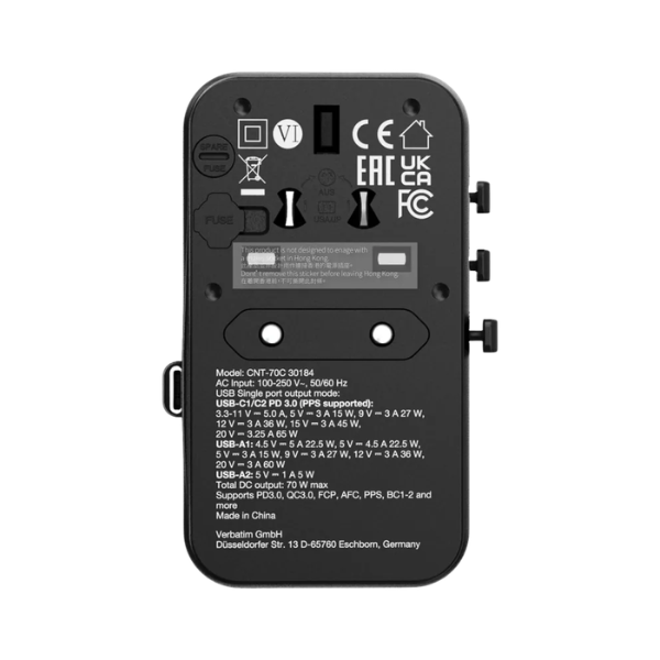 Verbatim Charge 'n' Travel 70W 通用旅行轉插 (附USB-C可伸縮充電線) 30184【原裝行貨】