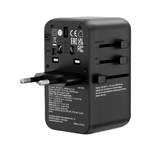 Verbatim Charge 'n' Travel 45W 通用旅行轉插 (附USB-C可伸縮充電線) 30182【原裝行貨】