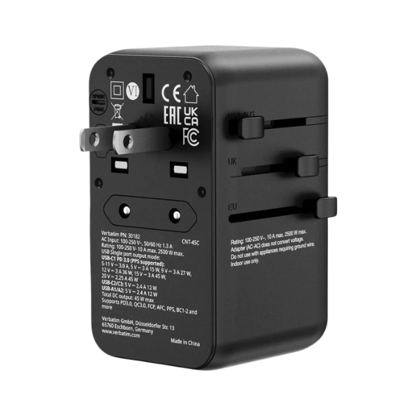 Verbatim Charge 'n' Travel 45W 通用旅行轉插 (附USB-C可伸縮充電線) 30182【原裝行貨】