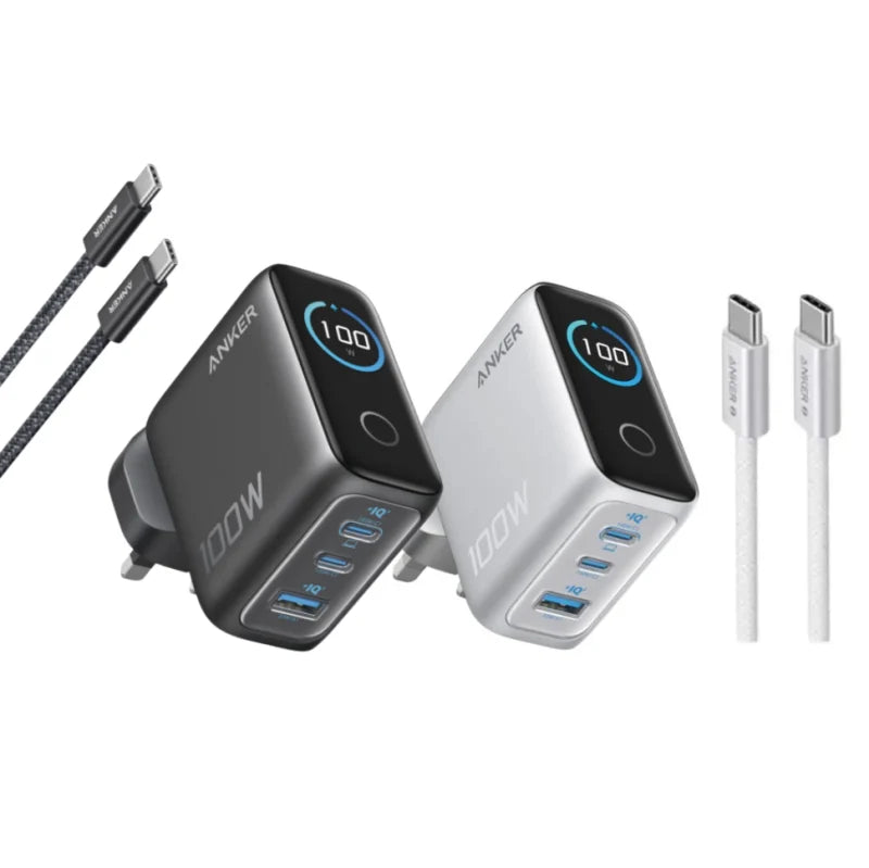 Anker Charger (100W, 3 Ports, Smart Display) 3輸出牆插充電器連 USB-C 充電線 B121B【原裝行貨】